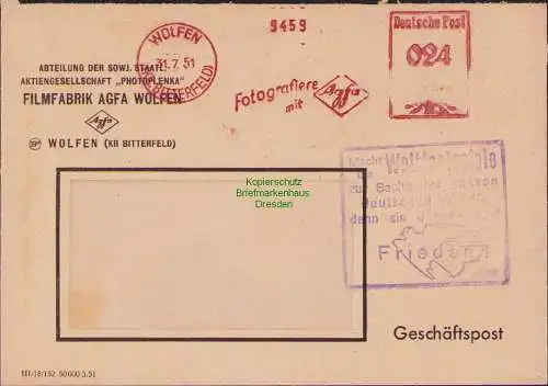B17264 Brief DDR Propaganda Wolfen 1951 Weltfestspiele Friedenstaube Freistempel