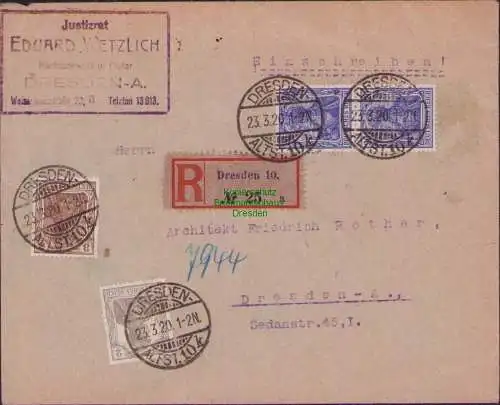B17095 DR Deutsches Reich Ortsbrief Einschreiben Dresden Altstadt Germania 1920