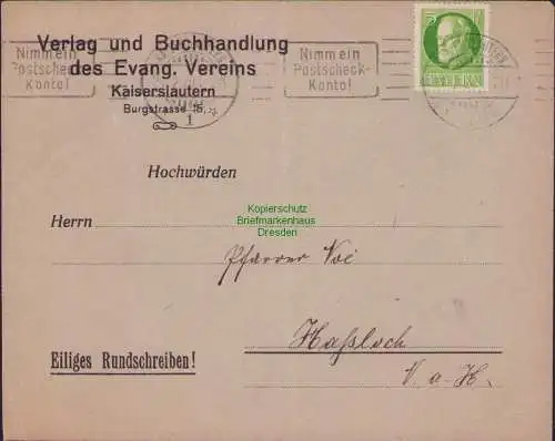 B17091 Bayern Brief Kaiserslautern 1920 Eiliges Rundschreiben nach Hasloch
