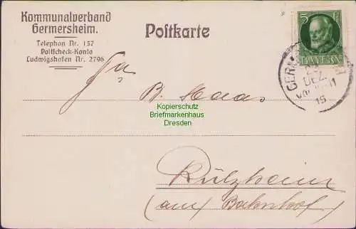 B17090 Bayern 1915 Postkarte Kommunalverband Germersheim nach Rülzheim