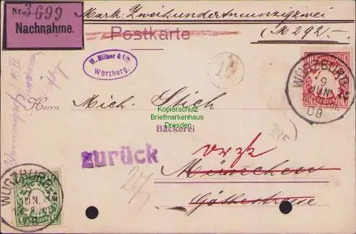 B17089 Bayern München 1908 Nachnahme Postkarte 1908 Würzburg nach München