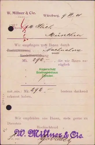 B17089 Bayern München 1908 Nachnahme Postkarte 1908 Würzburg nach München