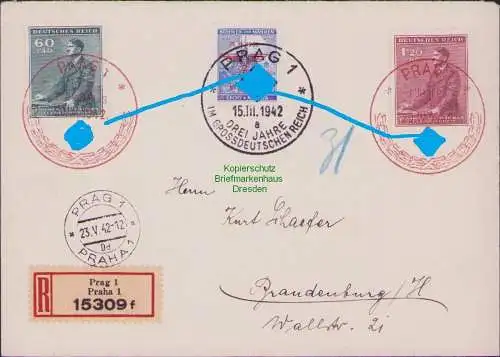 B17081 Böhmen & Mähren Brief 1942 84 86 87 roter 7 schwarzer SST Einschreiben