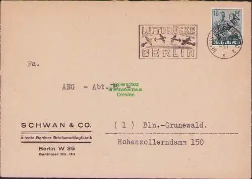 B17078 Westberlin 7 1948 Brief mit Luftbrücken Stempel Schwan & Co. Ortsbrief