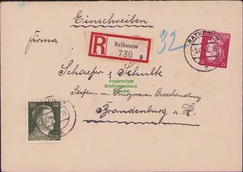 B17075 DR Deutsches Reich Brief Einschreiben Rathenow 1942 n. Brandenburg Havel
