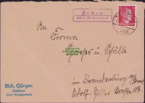 B17071 DR Deutsches Reich Brief Landposstempel Zachow über Wustermark 1942