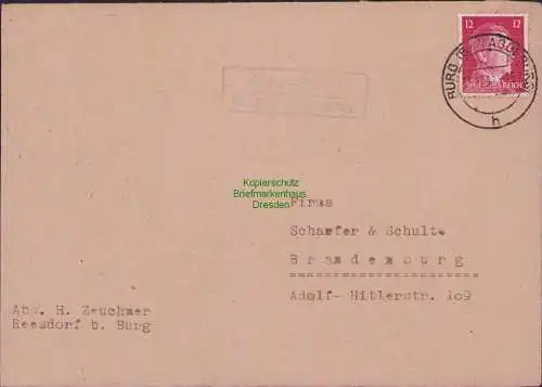B17068 DR Deutsches Reich Brief Landposstempel Reesdorf bei Burg Magdeburg 1942