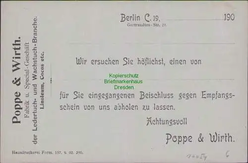 B17054 Ganzsache Berlin 1902 Poppe & Wirth Fabrik Ledertuch Wachstuch Linoleum