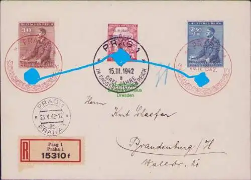 B17047 Böhmen & Mähren Brief 1942 83 85 88 roter 7 schwarzer SST Einschreiben