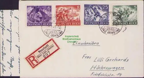 B17033 DR R-Brief 1943 Neustadt über Linz Rhein nach Hückeswagen