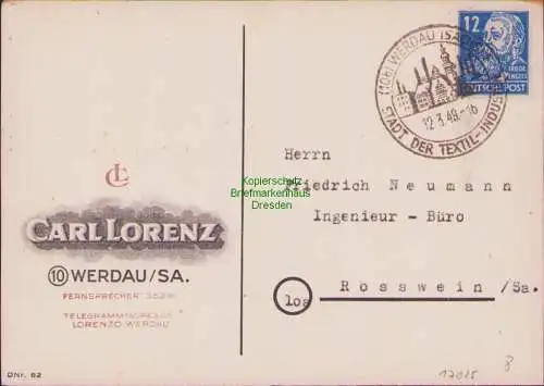 B17025 SBZ Postkarte Werdau 1949 Stadt der Textil Industrie