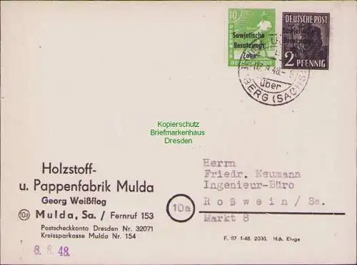 B17024 SBZ Postkarte Holzstoff- u. Pappenfabrik Mulda über Freiberg 07.8.48 1948