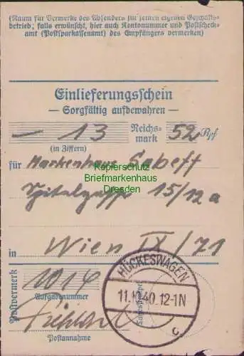 B17015 DR Posteinlieferungsschein Hückeswagen 1940 Einzahlung 13,52 Markenhaus