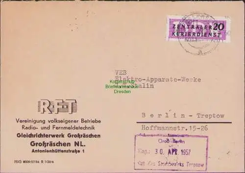 B17006 Brief DDR ZKD 11 6011 RFT Gleichrichterwerk Großräschen n. Berlin Treptow