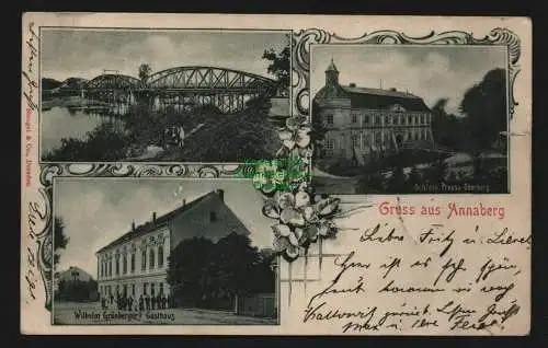 135935 Ansichtskarte Annaberg O.-S. Preuss.-Oderberg Gasthaus Grünberger 1901 Schloß Brücke