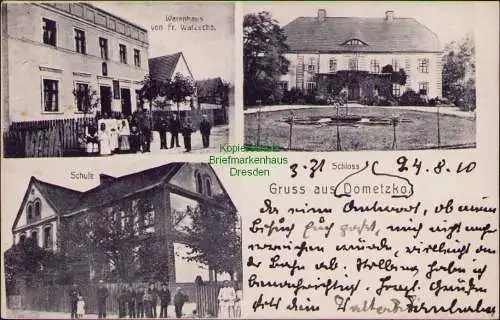 156469 Ansichtskarte Dometzko Domecko Schlesien 1910 Warenhaus Warzecha Schule Schloss