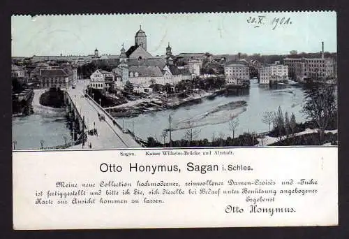 101265 Ansichtskarte Sagan Zagan Kaiser Wilhelm Brücke Altstadt 1901 Werbung f. Tuche Stoff