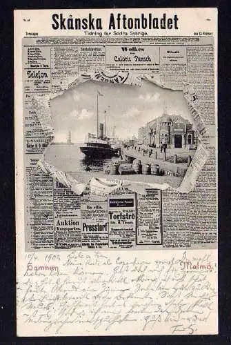101262 Ansichtskarte Malmö Skanska Aftonbladet 1902 Zeitung Hafenansicht Reklame Werbung