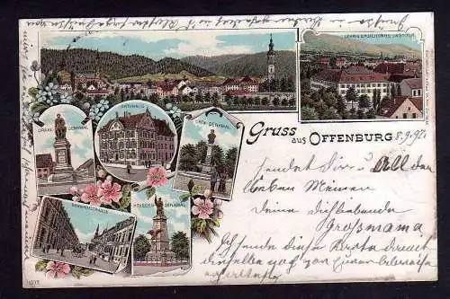 100690 Ansichtskarte Offenburg Baden Litho 1897 Rathaus Bahnhofstrasse Lehr- und Erziehungs