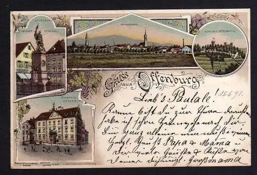 100689 Ansichtskarte Offenburg Baden Litho 1897 Rathaus Schloss Ortenburg