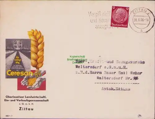 B16970 DR Brief Zittau 1938 Werbung Ceresan BAYER Düngemittel Getreide