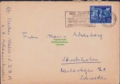 B16980 DDR Brief Einzelfrankatur 316 1952 Halle Saale nach Stockholm Schweden