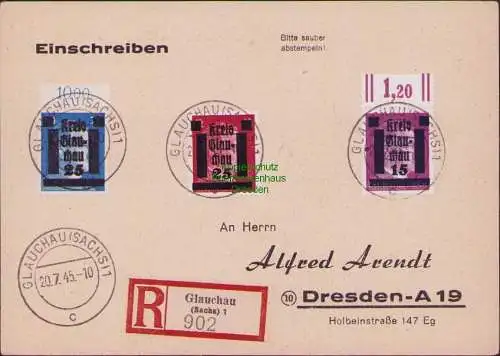 B16992 Lokalausgabe Glauchau 3 Marken auf R-Karte an Alfred Ahrendt Dresden