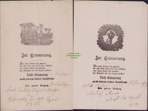 B17209 2x Spruchzettel aus Taufbrief Taufpatenbrief 1881 Hohenossig bei Krostitz