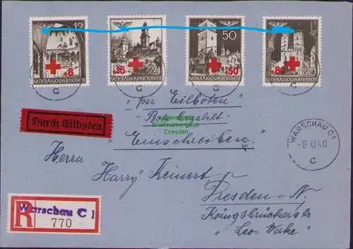 B17214 Generalgouvernement 52 - 55 Rotes Kreuz R-Brief Eilboten Warschau 1940