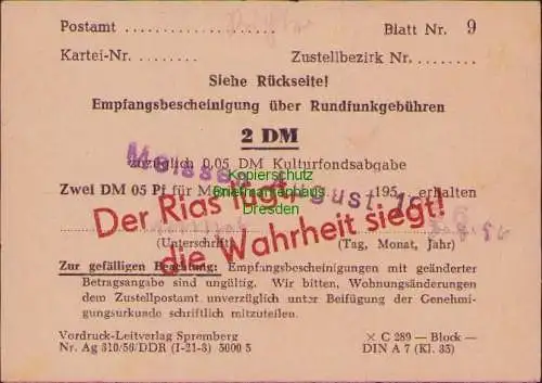 B16978 Empfangsbescheinigung für Rundfunkgebühren DDR 1956 Aufdruck Der Rias