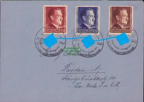 B17220 Generalgouvernement 89 - 91 Brief 3 Werte 1943 nach Dresden
