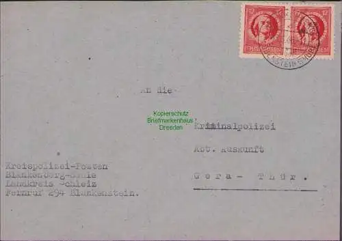 B17252 Brief SBZ Thüringen Blankenberg über Lobenstein an Einwohnermeldeamt Gera