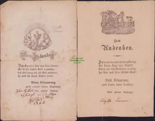 B17210 2x Spruchzettel aus Taufbrief Taufpatenbrief 1865 Zschölkau bei Krostitz