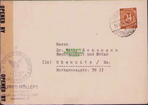 B16725 Brief Berlin Lichterfelde 1946 nach Chemnitz US Zensur Opened Mil.-Civil