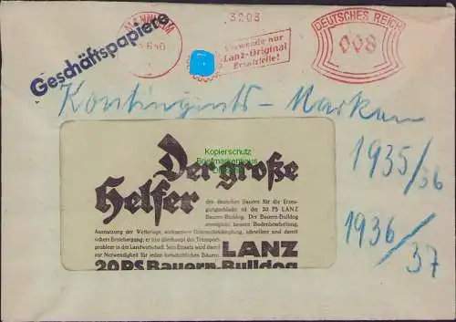 B16757 DR Deutsches Reich 1940 Brief Firmenfreistempel Lanz Bulldog + Reklame