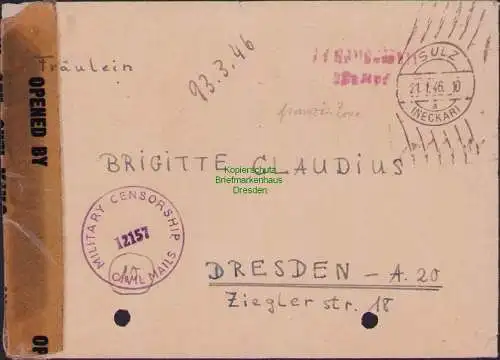 B16726 Brief Sulz Neckar 1946 nach Dresden US Zensur Opened by Mil.-Civil Mails