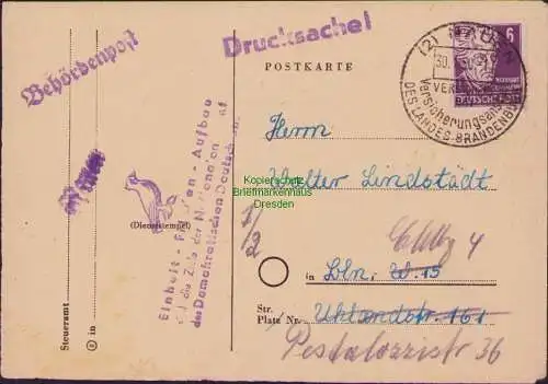 B16831 DDR Nauen 1950 Drucksache Propaganda Stempel Einheit Frieden Aufbau