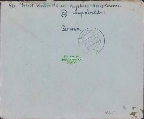 B16865 AM Post Brief Einschreiben Augsburg nach Terpitz über Oschatz 25.1.1946