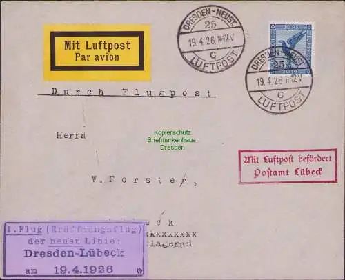 B16964 Deutsches Reich Eröffnungsflug Dresden Lübek 1926 mit Bestätigungsstempel