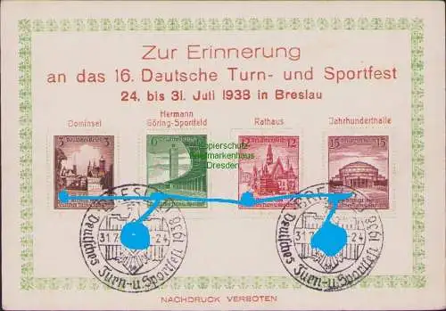 B16809 Gedenkblatt Breslau 1938 16. Deutsche Turn und Sportfest 665 - 668