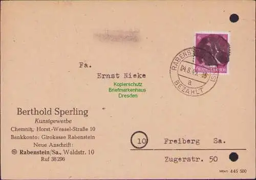B16731 Postkarte Sächsische Schwärzung SBZ Rabenstein Bezahlt 04.08.45 Freiberg