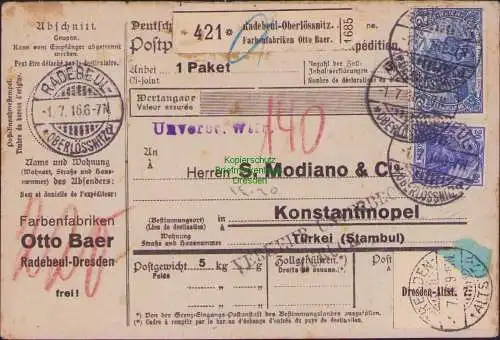B16751 DR Deutsches Reich 1916 Paketkarte Konstantinopel Verkehr unterbrochen