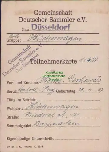 B16746 DR Deutsches Reich 1943 Teilnehmerkarte Gemeinschaft Deutscher Sammler e.
