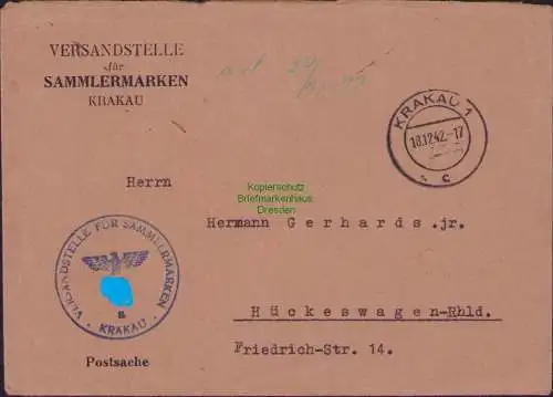 B16747 Generalgouvernement Krakau 1942 Briefhülle ohne Inhalt Versandstelle