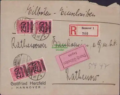 B16830 Brief DR Infla Eilboten Einschreiben 26.9.23 Hannover Rathenow 4x 295 MeF