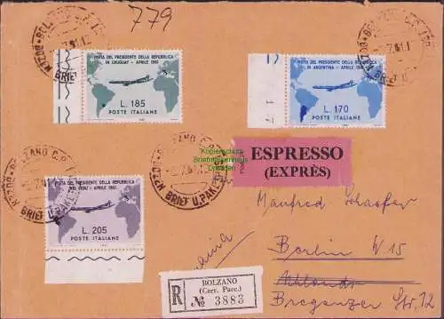 B16825 Brief Express Bolzano 1961 Italien 1100 - 1102 Südamerika Flug Gronchi