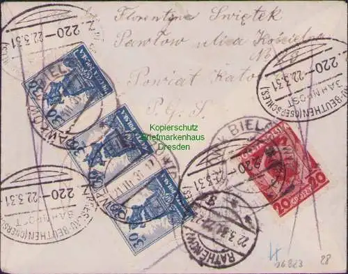 B16823 Brief Pawlow k. Bielszowice Ruda Slaska 1931 Bahnpost Breslau Beuthen