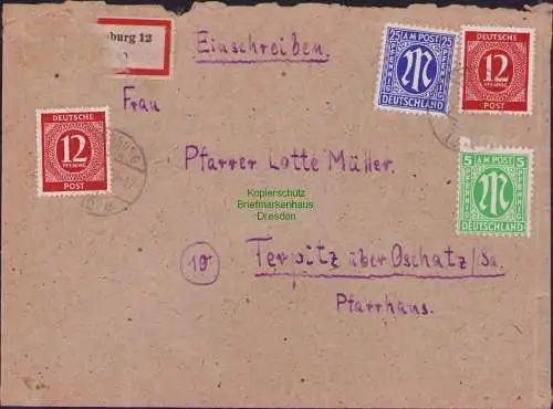B16867 AM Post Brief Einschreiben Augsburg nach Terpitz über Oschatz 28.2.1946
