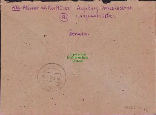 B16867 AM Post Brief Einschreiben Augsburg nach Terpitz über Oschatz 28.2.1946