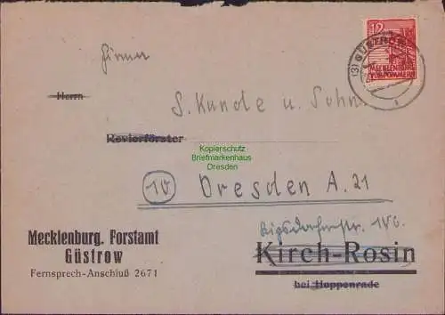 B16843 SBZ MVP 36y Brief Güstrow 1946 nach Dresden Meckl. Forstamt